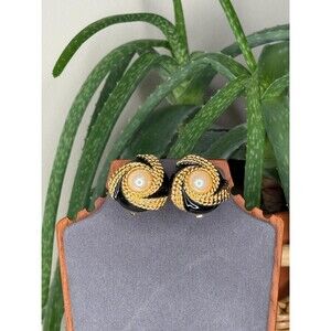 Vintage St John Gold Black Enamel Faux Pearl Rope Clip Earrings 80s Designer